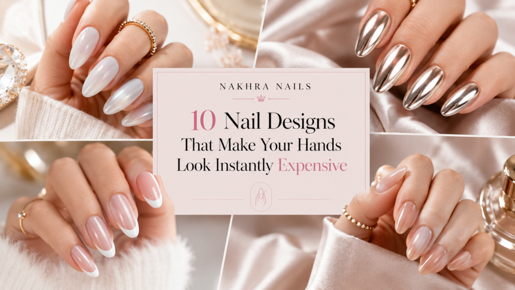 Luxury nail design collage featuring milky white nails, chrome nails, French tip nails, and nude glossy nails in elegant almond shapes