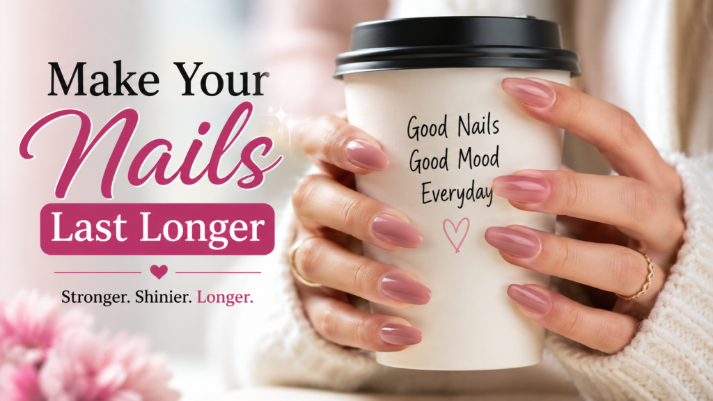 Glossy nude nails holding a coffee cup
