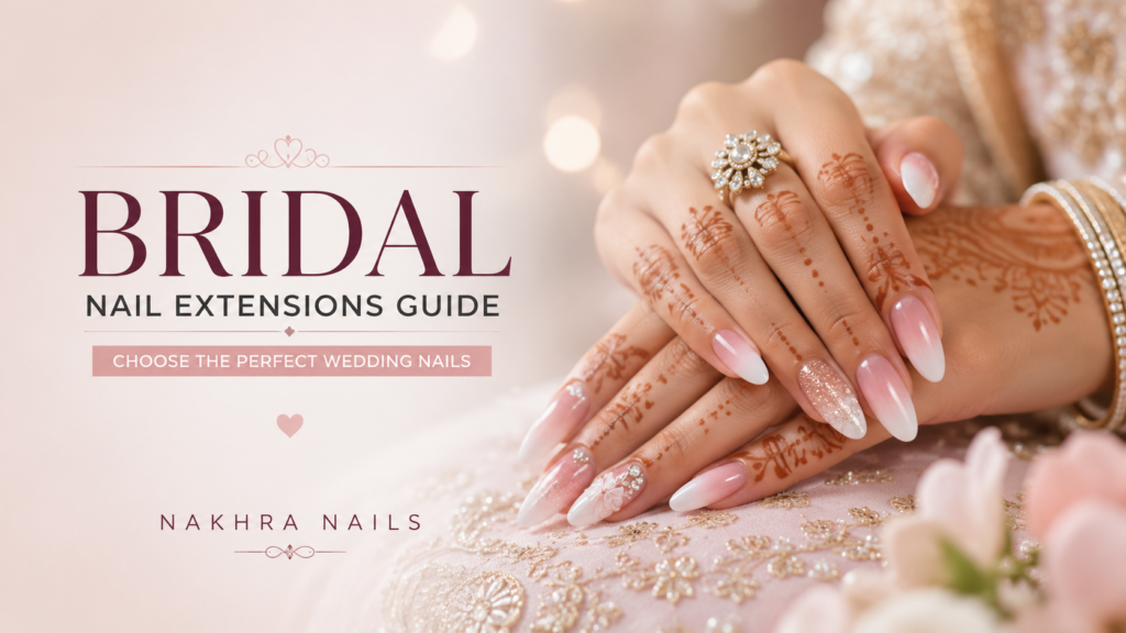 Elegant bridal nail extensions with soft pink ombre nails, mehndi design, and bridal jewelry