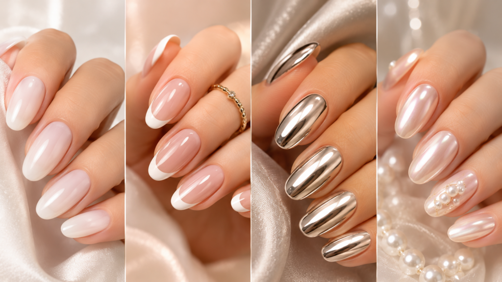 Collage featuring Milky White Nails, French Tip Nails, Chrome Nails, and Pearl Nails in a luxury salon style