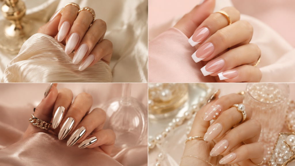 Luxury press-on nail collage featuring Milky White, French Tip, Chrome, and Pearl nail designs