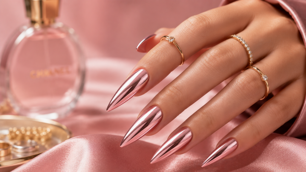 Luxury Stiletto Nail Extensions With Pink Chrome 1024x576