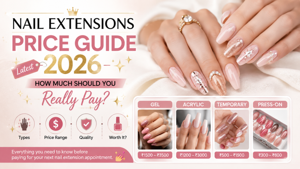 Luxury nail extensions price guide featuring gel, acrylic, temporary, and press-on nail options with elegant pink nail designs