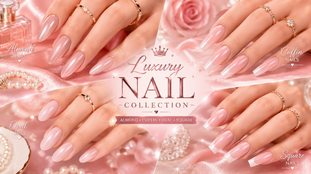 Luxury nail collection collage featuring almond, coffin, oval, and square nail extensions on elegant feminine hands against a soft pink satin background with a premium salon aesthetic