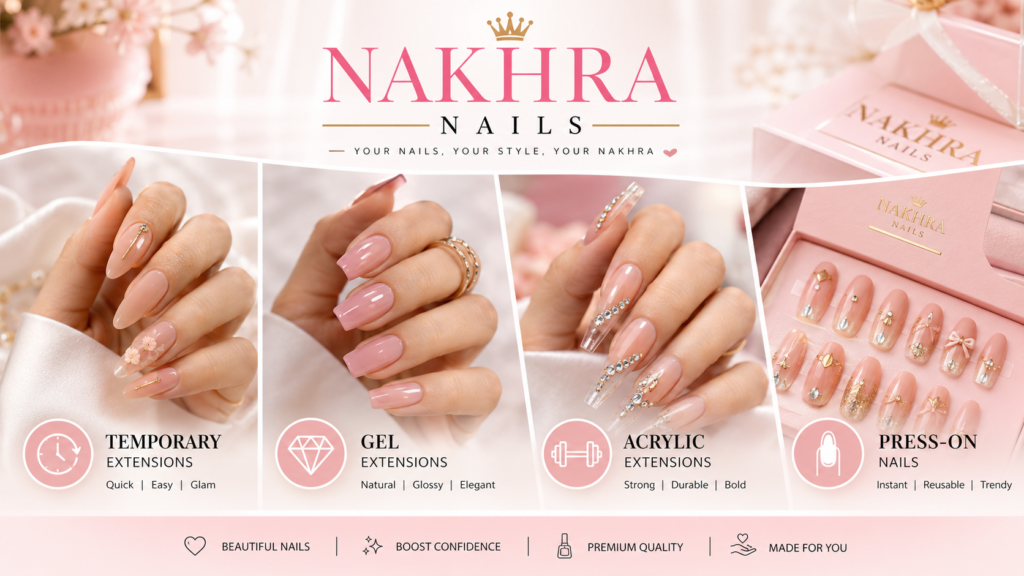 Nakhra Nails comparison of Temporary Extensions, Gel Extensions, Acrylic Extensions and Press-On Nails in a luxury pink beauty banner