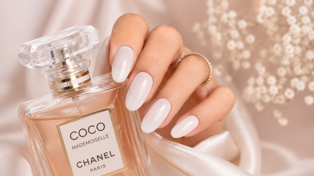 White Nails Holding A Luxury Perfume Bottle 1024x576